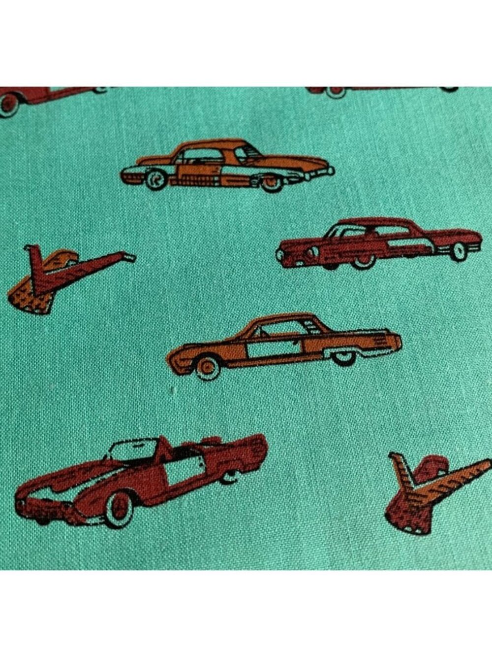 Retro Car Print Cotton Fabric 1/2 yard x 44" Green & Red Vintage Quilting